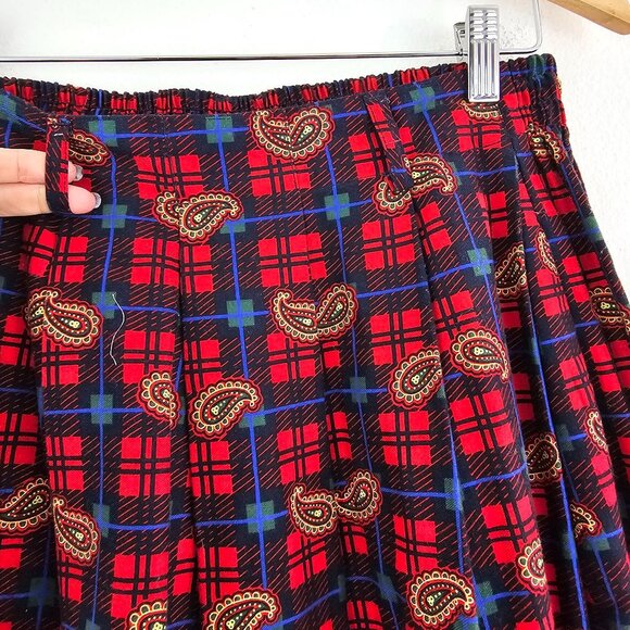Talbots Sz 14P Red Blue Plaid Paisley Flannel Midi Skirt Pockets Western Cottage - Picture 3 of 13